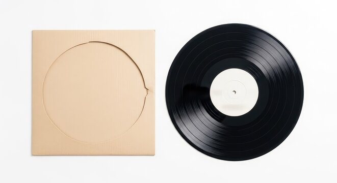 Vista cenital de un disco de vinilo negro cl&aacute;sico junto a su car&aacute;tula de cart&oacute;n vac&iacute;a sobre un fondo blanco limpio y minimalista para dise&ntilde;o, entretenimiento, audio, fondo