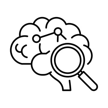 Critical Thinking icon. Magnifying glass examining a human brain representing deep cognitive analysis, inquiry, and objective logic