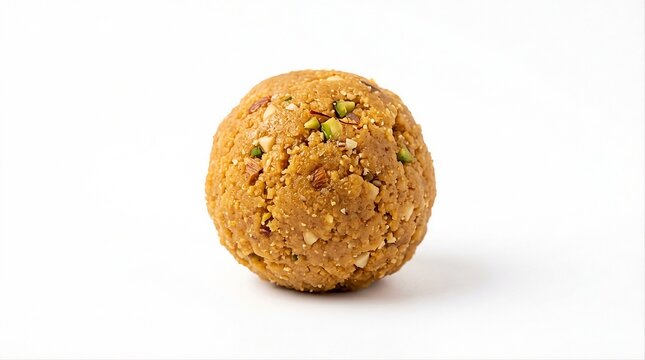 Single Diwali laddu sweet with pistachio garnish on white background