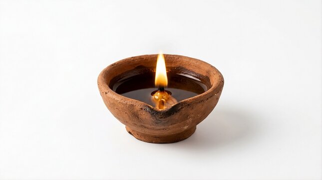 Traditional clay diya oil lamp with lit flame on white background, Diwali festival