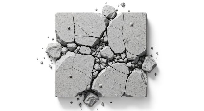 Zenithal top-down perspective of a fractured grey concrete slab piece showing rough textures, jagged edges, and scattered stone debris, hard, rough, layer