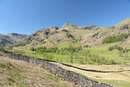 A view up the valley of Great Langdale to the Langdale Pikes in the Lake District