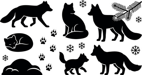 Fototapeta premium Winter Animal Silhouettes Collection for Holiday and Seasonal Designs. Snowy Forest Creatures and Wildlife Icons. Suitable for Seasonal Campaigns
