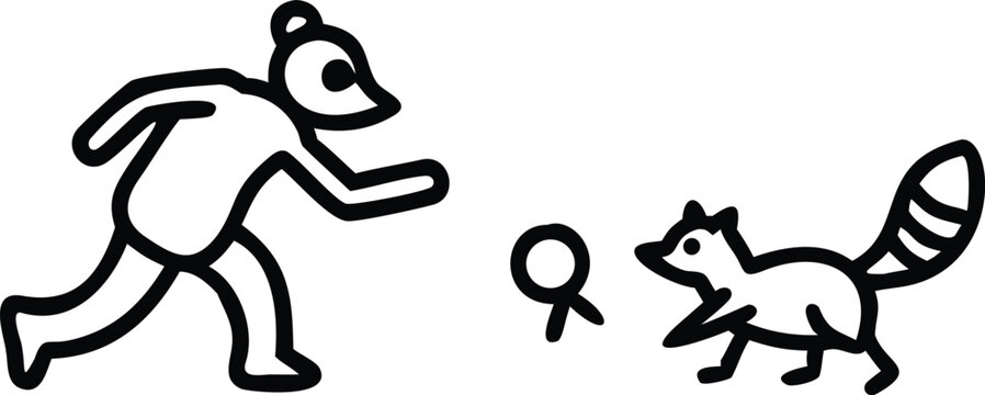 Minimal Black Stick Figure Illustration of Running Character Chasing Curious Raccoon Line Art