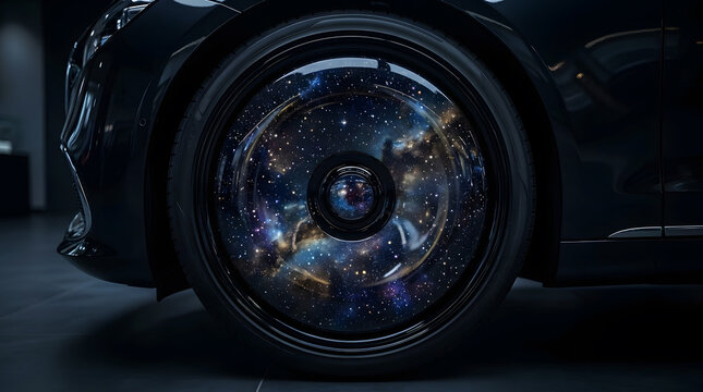 Futuristic car wheel with galaxy and nebula pattern design on glossy black rim close up