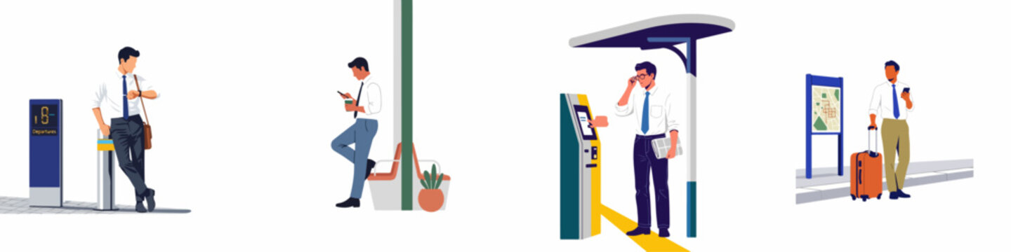 Set of flat vector illustrations featuring a businessman commuting and traveling, waiting at stations, using a smartphone, and checking travel information.