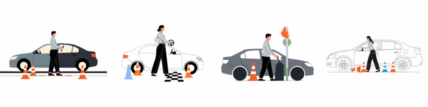 Vector illustrations depicting various driving school scenarios, including parking practice with cones, steering wheel training, and emergency roadside safety education.