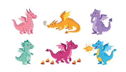 Obraz premium Cute colorful baby dragon cartoon characters set breathing fire flying and standing fairy tale sticker collection isolated on white background