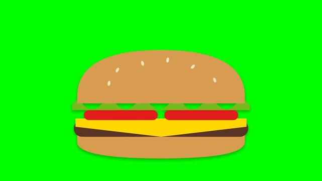Minimalist Flat Design Hamburger Illustration Isolated on Chroma Key Green Screen Background for Animation and Fast Food Video Editing Projects