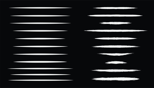 Elegant collection of thin white brush strokes and horizontal lines with tapered ends on a solid black background.