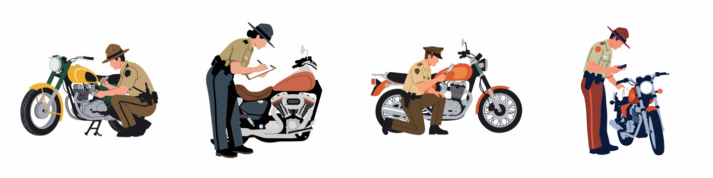 Set of flat vector illustrations featuring police officers and state troopers inspecting motorcycles with flashlights, clipboards, and magnifying glasses on a white background.