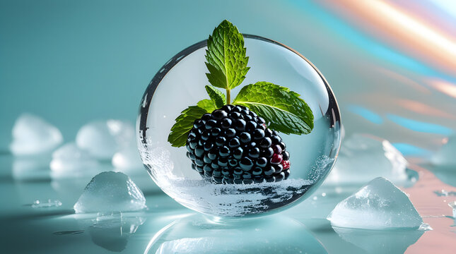 Macro food photography of frozen luxury, a giant single crystal-clear ice sphere containing a perfectly preserved fresh mint leaf and whole blackberry.