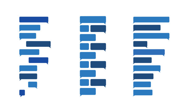 Three mockups of mobile chat message streams featuring blue and dark blue text bubbles on a clean white background.