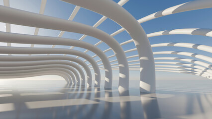 Obraz premium Futuristic white parametric pavilion corridor 3D render with curved arches, blue sky, and copy space