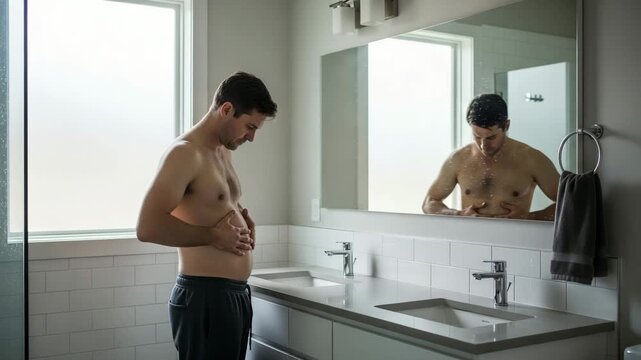 Man Inspecting His Belly in the Bathroom Mirror A man stands in front of a bathroom mirror looking down at his stomach with concern reflecting on his physical appearance