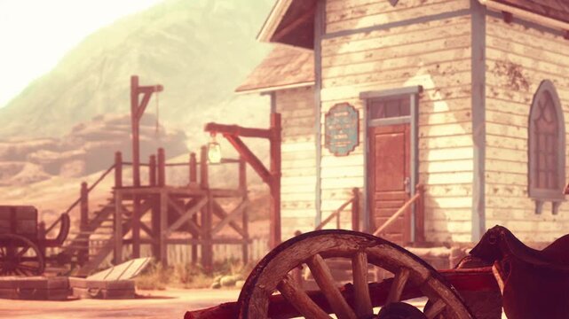 A wooden cart sits in front of an old building in the desert. Nearby, there is a wooden structure with stairs and a sign. The sunlight shines on the scene creating a warm atmosphere.