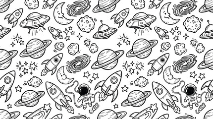 Hand Drawn Outer Space Seamless Pattern Featuring Astronaut Rockets Planets Spaceships and Stars Black and White Outline Doodle Vector Graphics for Kids Fabric Designs © Sultana