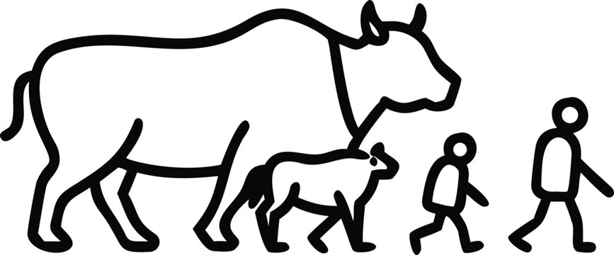 Minimalist black and white line art vector illustration of a big bull, small calf, and two people walking in a line