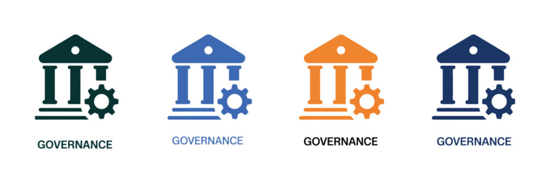 Corporate governance and management icons featuring government building, bank, gear system, and regulatory compliance symbols with clean minimalist vector graphics for business, finance, and legal adm