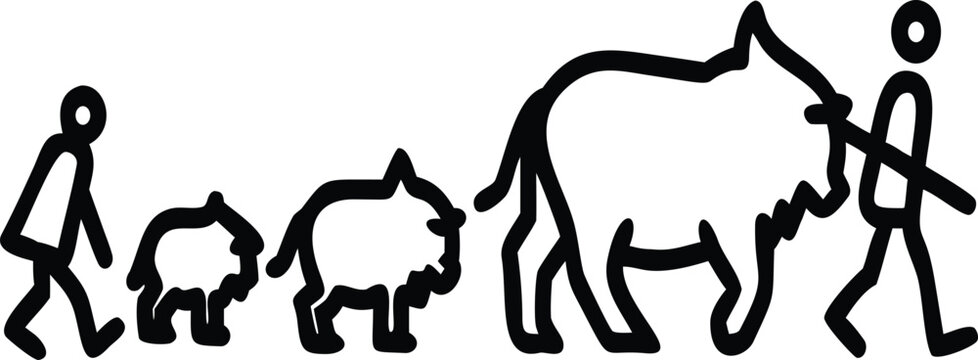 Minimalist black and white line art vector illustration of a herder leading bulls and sheep in a line