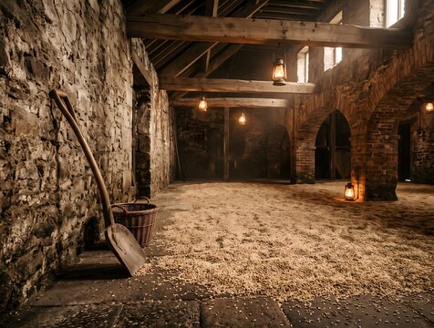 Interior of a traditional stone malting floor, a thick layer of pale malted barley spread evenly across the floor, warm lantern light casting long shadows.