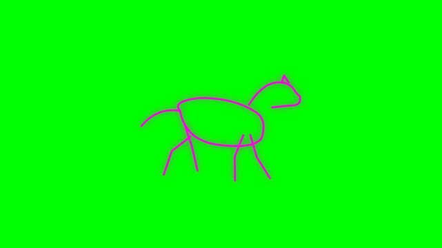 Neon Pink Hand Drawn Walking Horse Line Art Animation on Green Screen Background for Chroma Key Composition Minimalist Animal Doodle