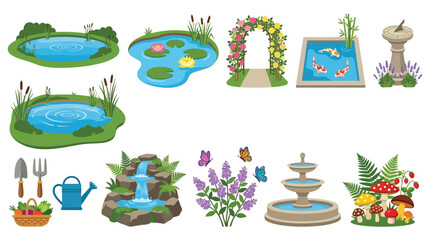 Fototapeta premium Garden Elements Vector Illustration With Ponds Flowers And Decorative Features