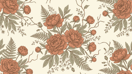 Delicate vintage floral pattern with roses and greenery on cream background. © izzstudio