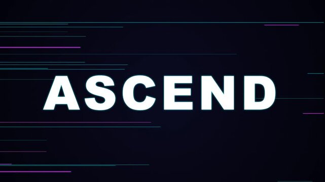 Abstract Digital Background featuring the word ASCEND with Blue and Purple Neon Glitch Effects and Horizontal Lines on Dark Background