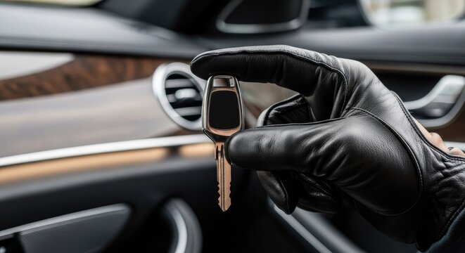 Hand in leather glove holding luxury car key.