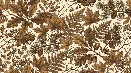 Vintage botanical fern pattern in brown tones on beige background. © izzstudio