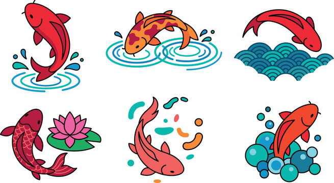 Japanese koi fish vector illustration collection set featuring oriental carp characters isolated on a white background.