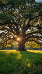 Fototapeta premium Majestic ancient oak tree illuminated by golden sunlight in a lush green meadow symbolizing strength, longevity, nature and environmental conservation.