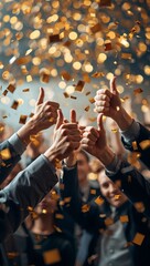 Two business professionals giving thumbs up with colorful confetti in the background, symbolizing success, achievement, teamwork, and celebration. © Curioso.Photography