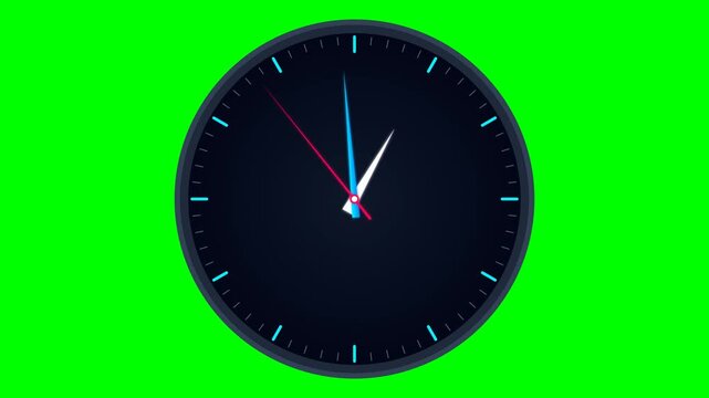 Modern Minimalist Analog Clock Face with Glowing Hands Isolated on Chroma Key Green Screen Background for Motion Graphics and Video Editing