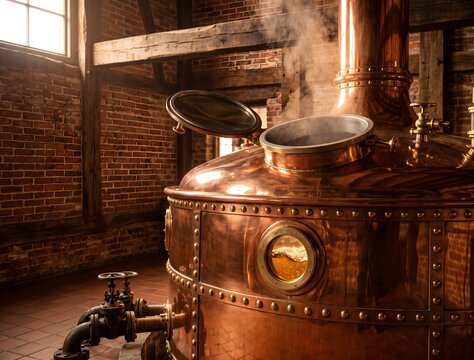 A grand polished copper mash tun inside a historic brewhouse, warm steam rising gently, golden wort visible through the vessel opening, ornate rivets and brass fittings.