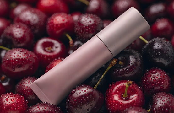 Pink plastic squeezer tube cream mockup placed on a bed of fresh wet cherries. Fruit extract cosmetics organic skincare beauty branding. Matte bottle packaging lying on shiny berry backdrop