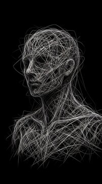 Intricate white line art depiction of a human bust with a futuristic and abstract style against a black background with abstract technological aesthetic