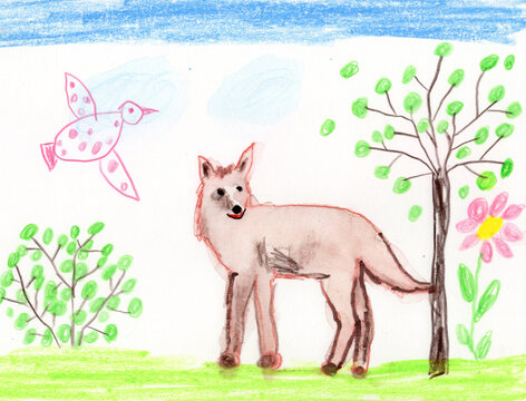 Childrens drawing of a fox and bird in nature