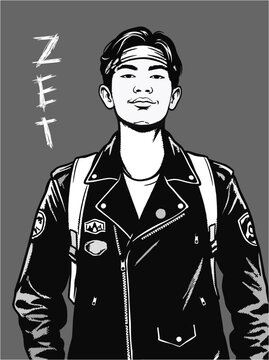 Comic style man portrait with headband leather jacket backpack and patches zet text urban streetwear vector illustration