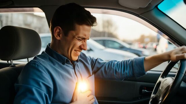 Driver's Distress A man driving a car clutches his chest in pain grimacing as he experiences a sudden health emergency The image conveys a sense of urgency and fear on the road