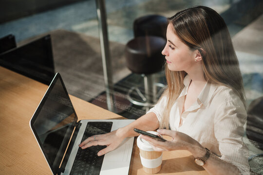 Female professional using laptop sitting at table in cafe