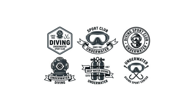 Vintage scuba diving sport club emblem bundle with retro underwater helmets masks and oxygen tanks vector logo badges collection