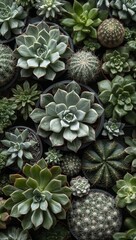 Fototapeta premium Top view of assorted colorful succulent plants arranged in a dense natural pattern with rich textures and geometric symmetry.