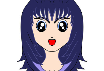 Anime girl portrait illustration with dark blue hair, big expressive eyes, and surprised happy facial expression isolated on white background