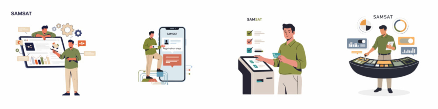 Set of flat vector illustrations depicting modern digital government services for SAMSAT vehicle taxation, mobile registration, self-service kiosks, and administrative data management.