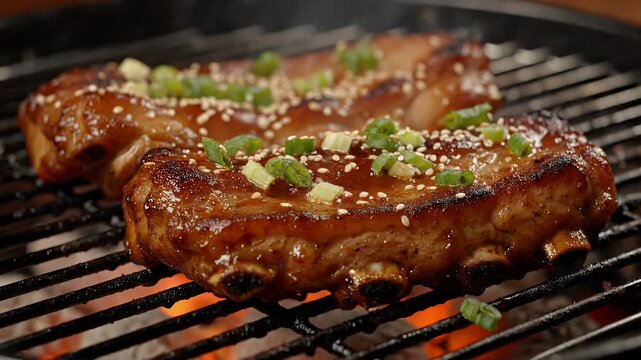 Grilled pork ribs glazed with savory sauce topped with sesame seeds and scallions