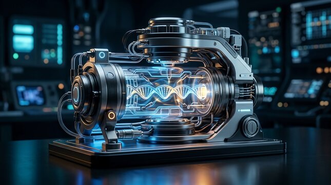 Advanced gene sequencing machine with glowing dna helix in futuristic lab