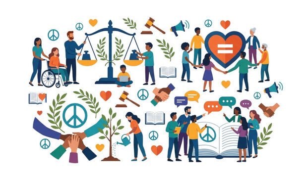 Human Rights and Social Equality Concept with Community and Justice Icons Vector Illustration