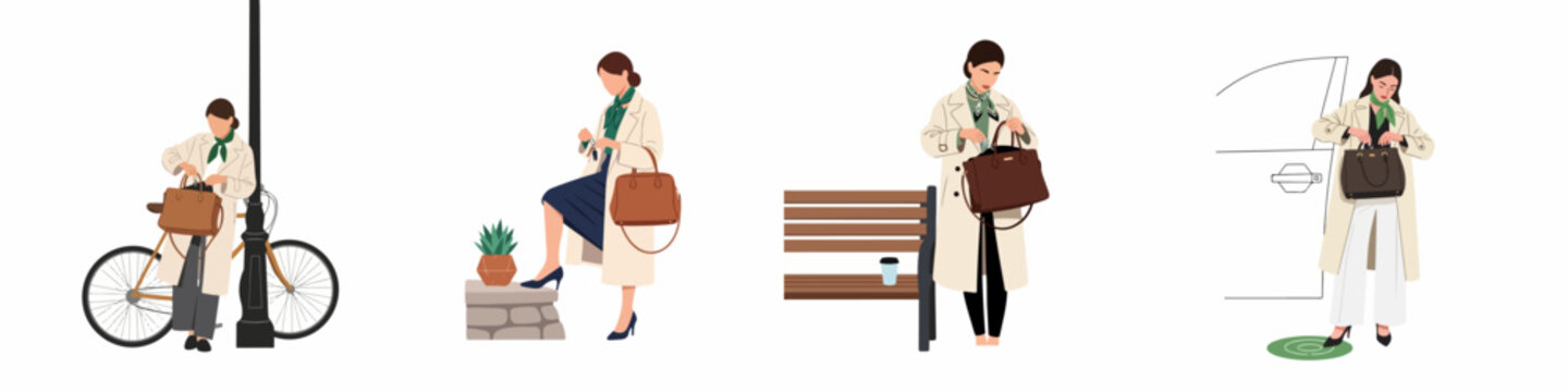 Flat vector illustration set of a fashionable woman searching for her keys or items in her handbag in various urban outdoor settings.
